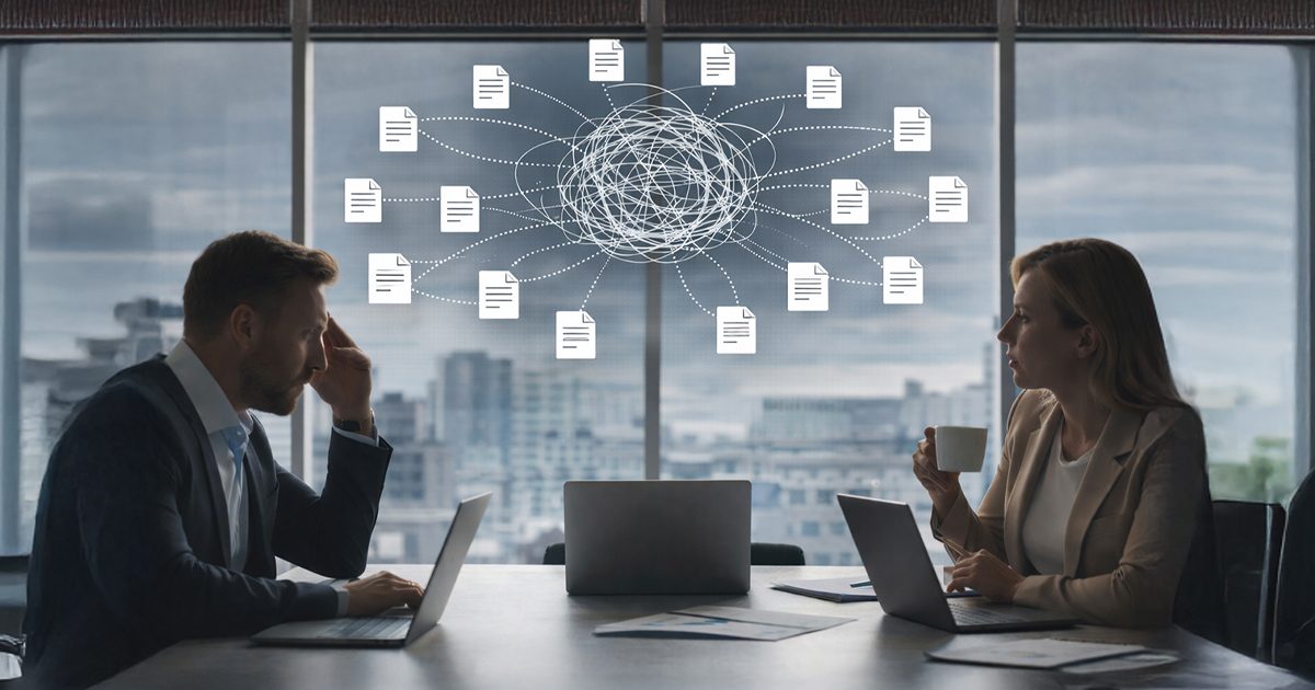 Man och kvinna på kontor omgivna av massa fakturor.